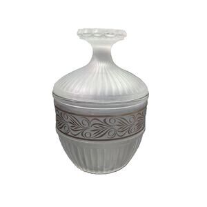 Vintage Frosted Glass Vanity Dresser / Powder Jar with Gold Scrollwork